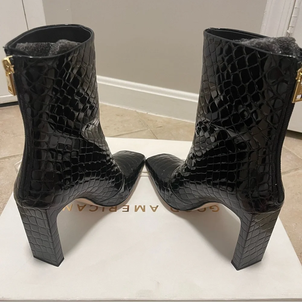Good American Croc Embossed Square Toe Ankle Boot Patent Black